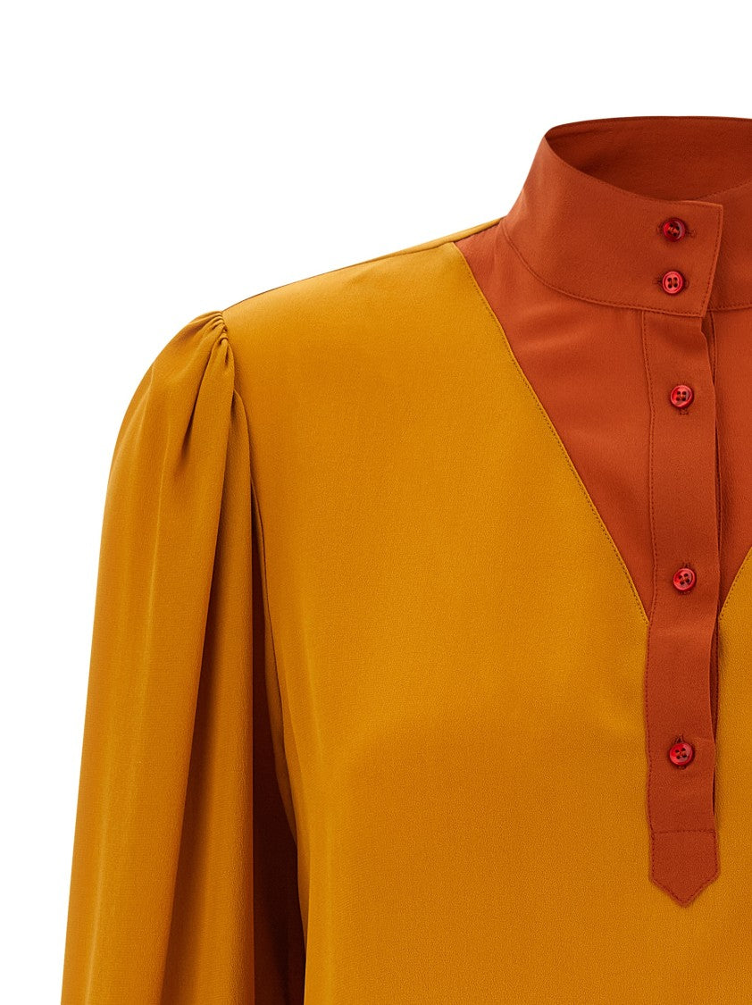 Saint Laurent High Neck Color-Block Silk Blouse With Curled Shoulders