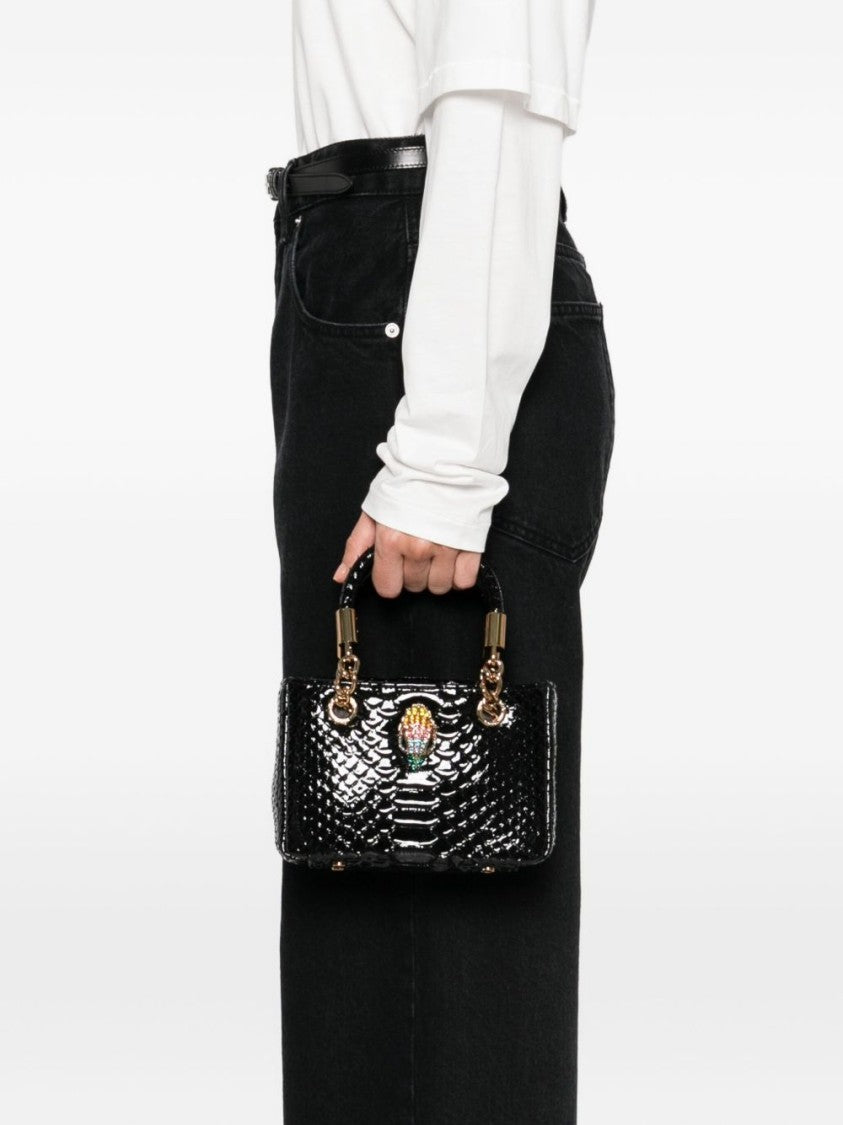 Kurt Geiger Structured Handbag In Glossy Black Snakeskin With Jewel-Encrusted Clasp