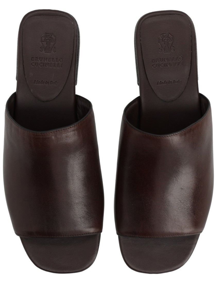 Brunello Cucinelli Brown Block-Heel Calf Leather Sandals