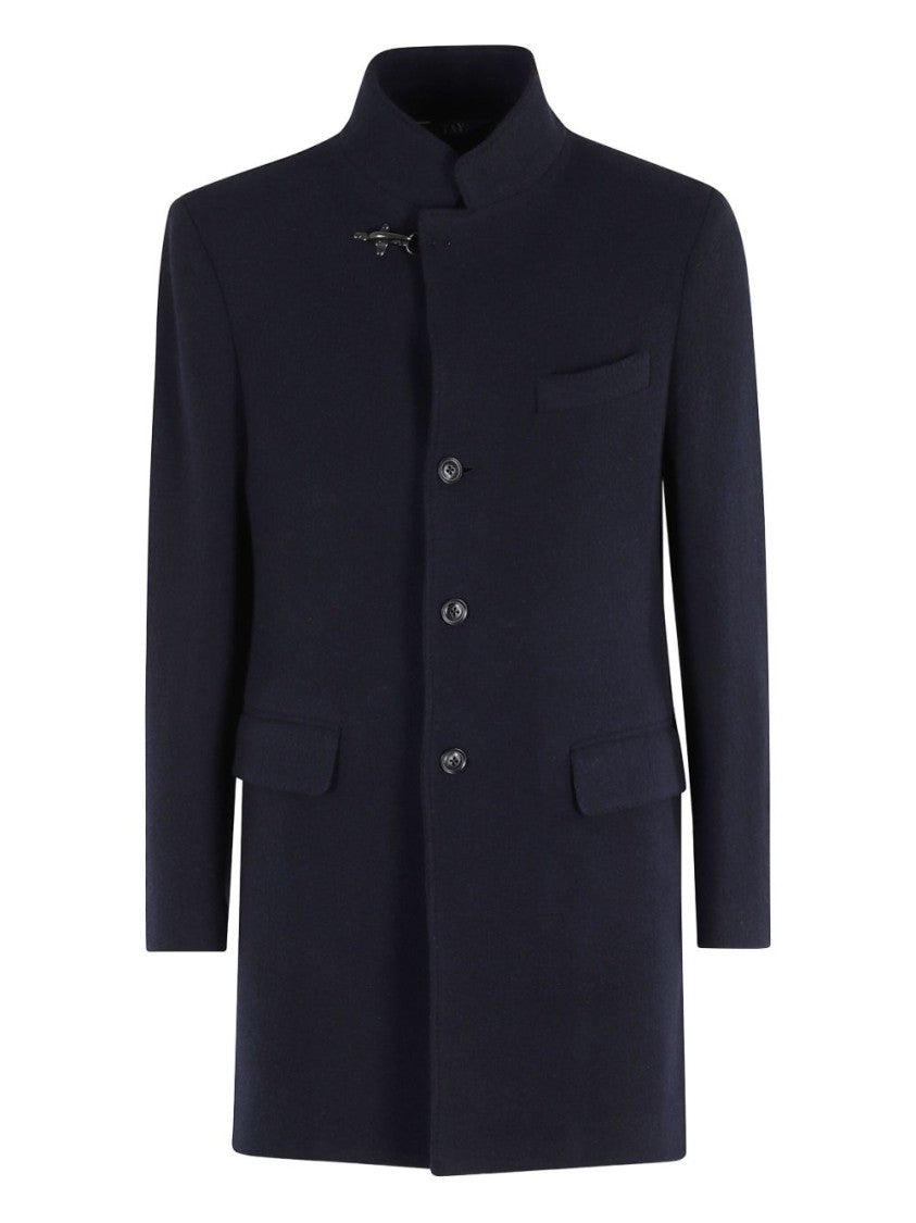 Fay Tailored Black Coat With High Mandarin Collar And Decorative Clasp