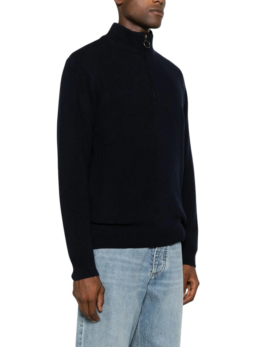 Barbour Funnel-Neck Zip-Up Wool Jumper With Plaid Elbow Patches