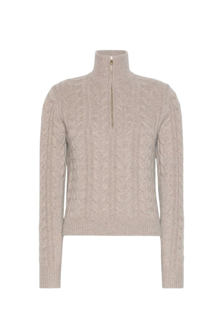 Max Mara Oatmeal Mxmlibero Cable-Knit Half-Zip Cashmere Sweater