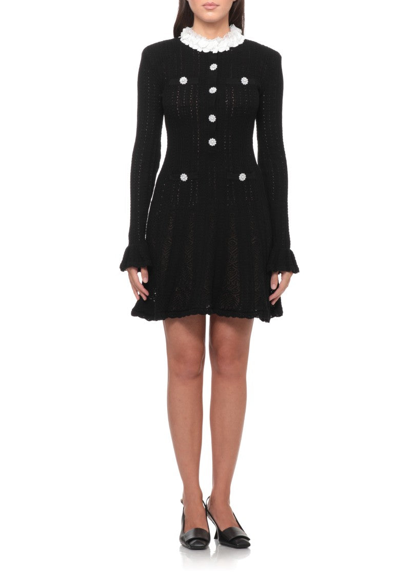Self-Portrait Flared Black Midi Crochet Dress With Ruffled Sleeves And Floral Accents