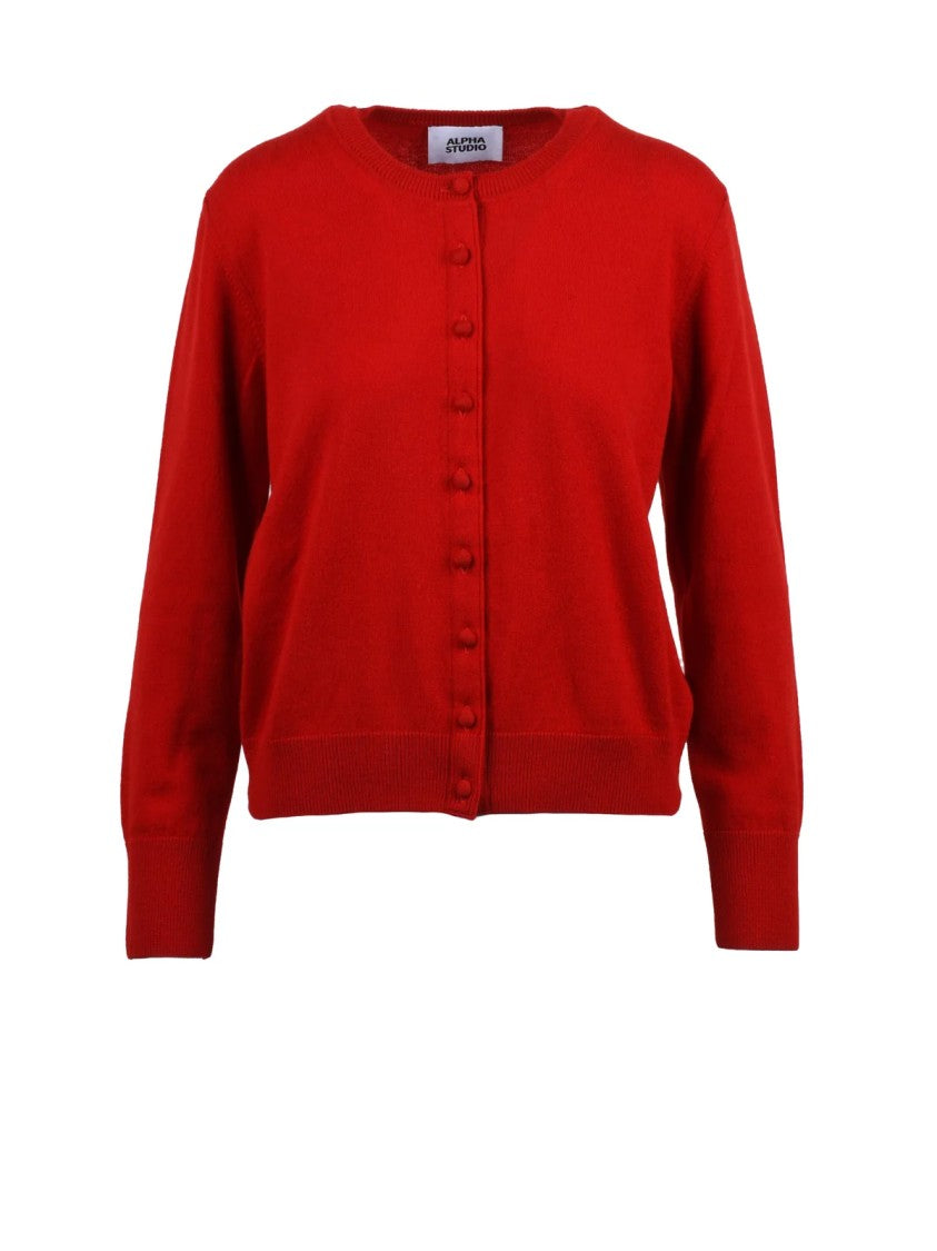 Alpha Studio Red Fabric-Covered Buttons Cropped Wool Cardigan
