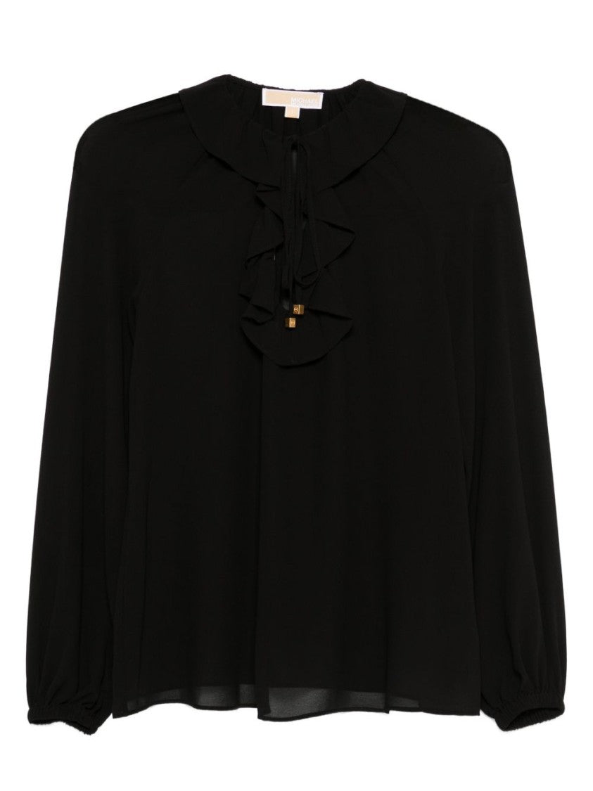 Michael Kors Ruffled Black Blouse With Tie Neckline