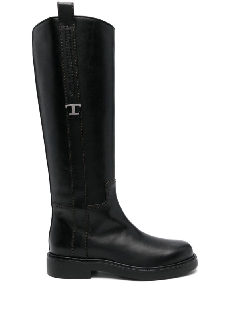 Tod's Tall Black Boots With Polished Leather Finish And Subtle Logo Detail