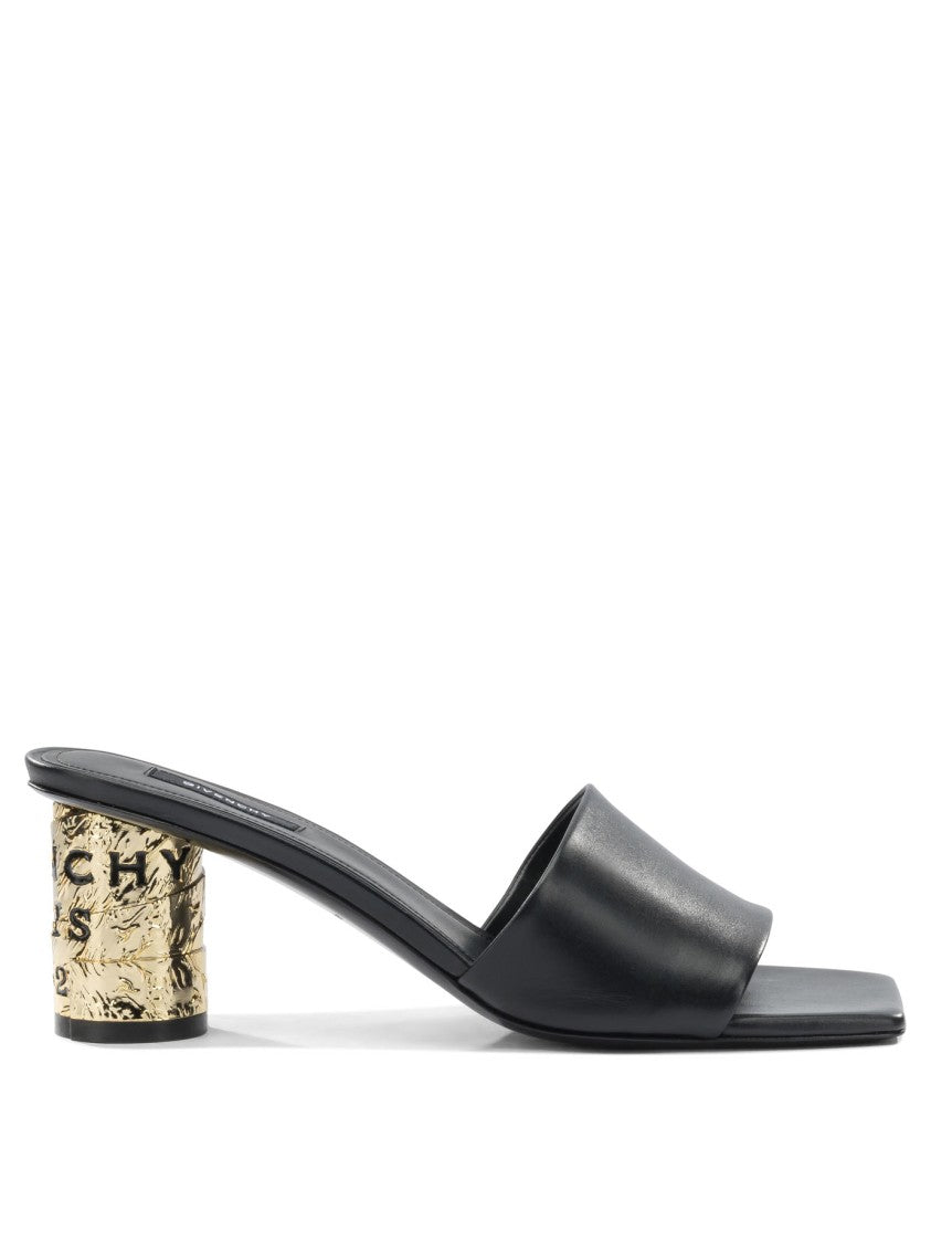 Givenchy Black Calf Leather Sandals With Gold-Toned Block Heel