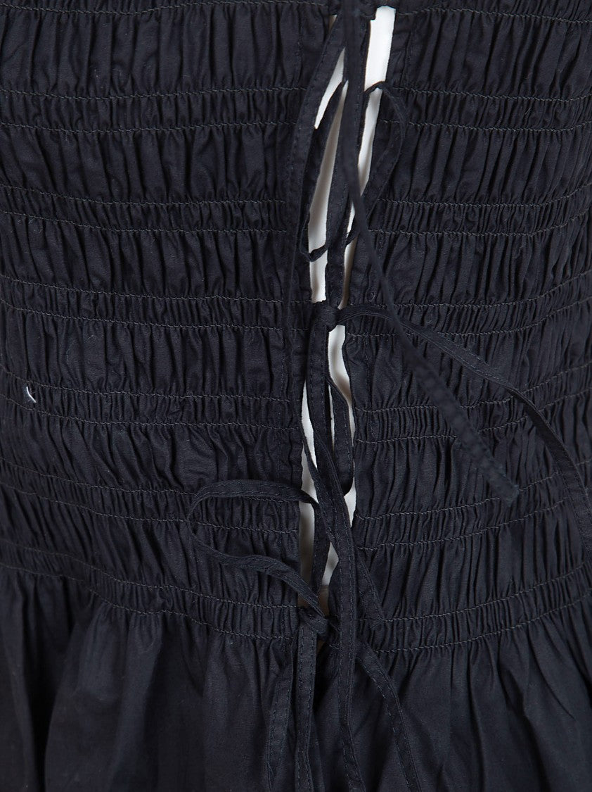 Ganni Textured Black Cotton Poplin Top With Ruched Details