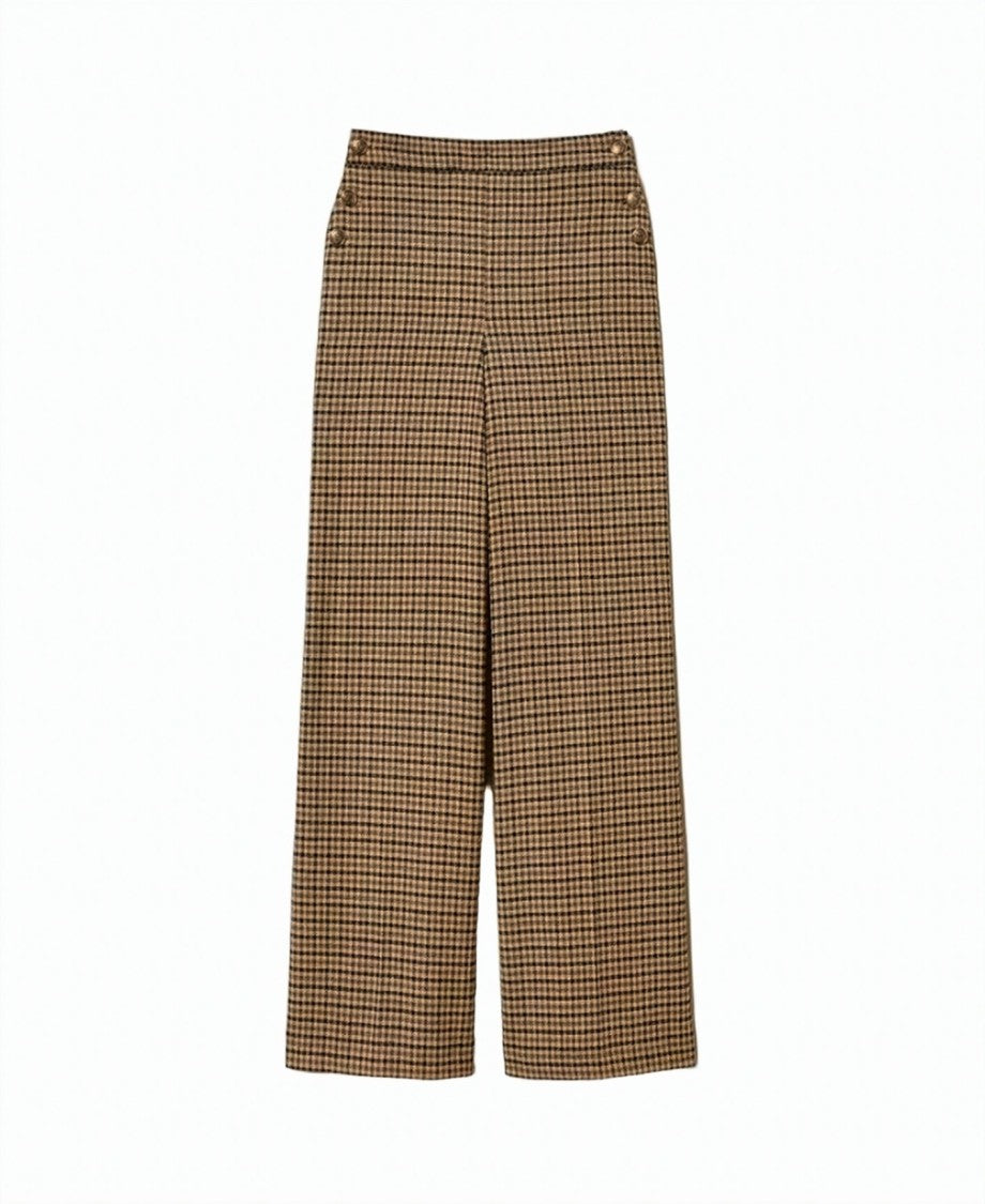 Twin-Set Check Wool-Blend Gold Button Straight-Leg Pants