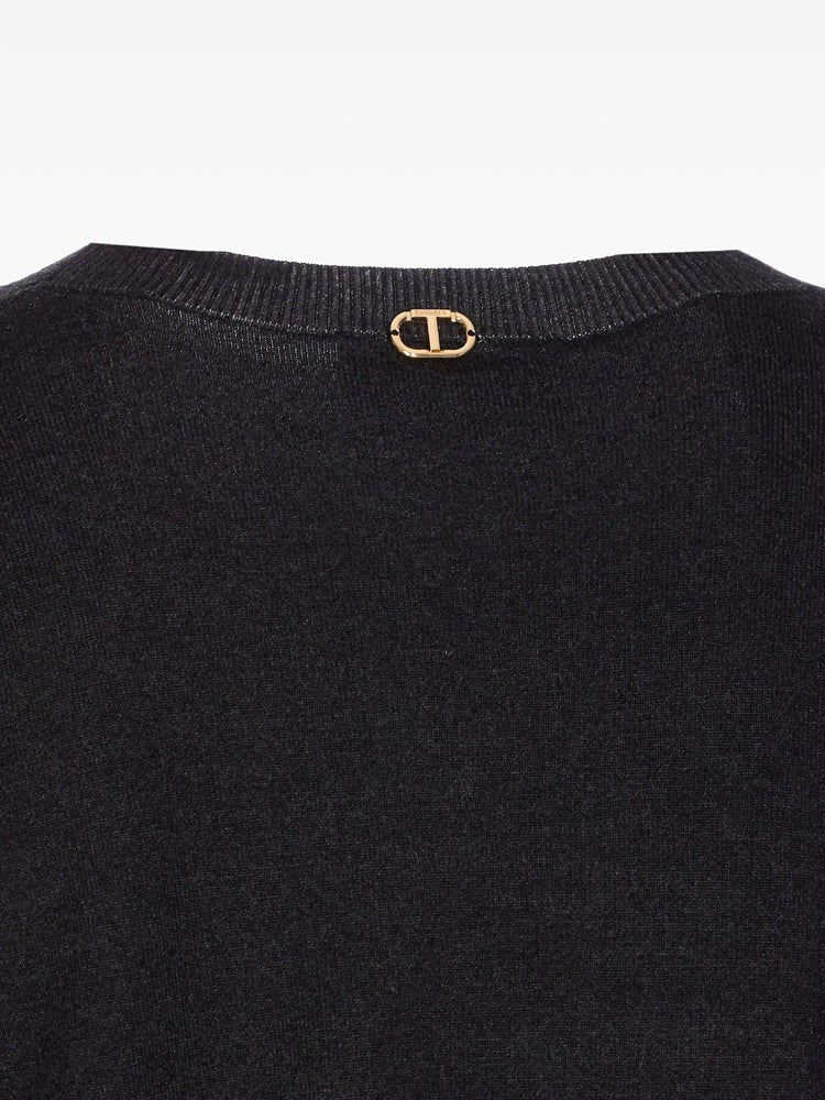 Twin-Set Embroidered Cropped Sweater With Round Neckline And Decorative Sleeves