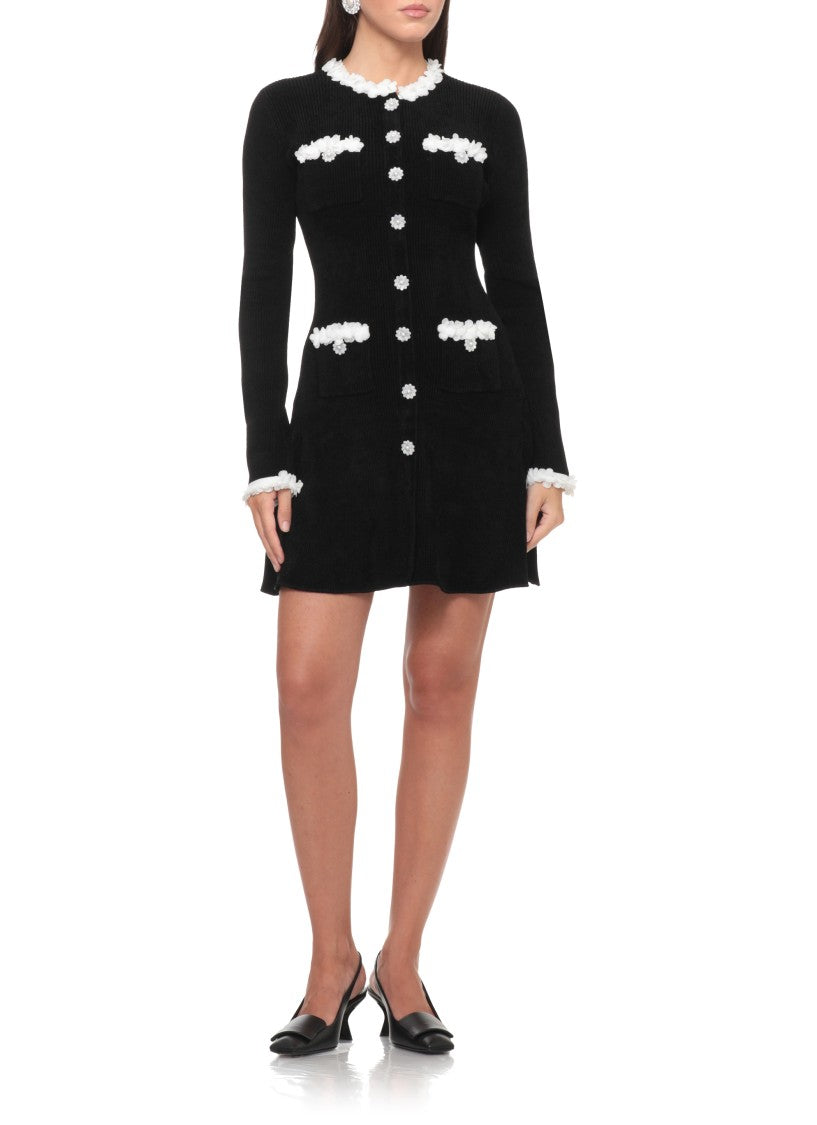 Self-Portrait Ribbed Chenille Midi Dress With Floral Accents And Jewel Buttons