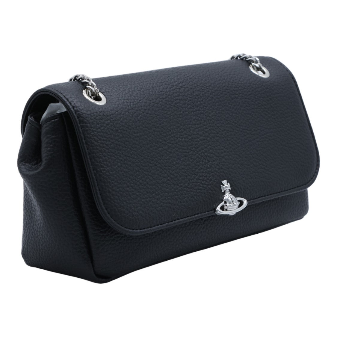 Vivienne Westwood Rectangular Black Pebbled Leather Bag With Silver Chain Strap