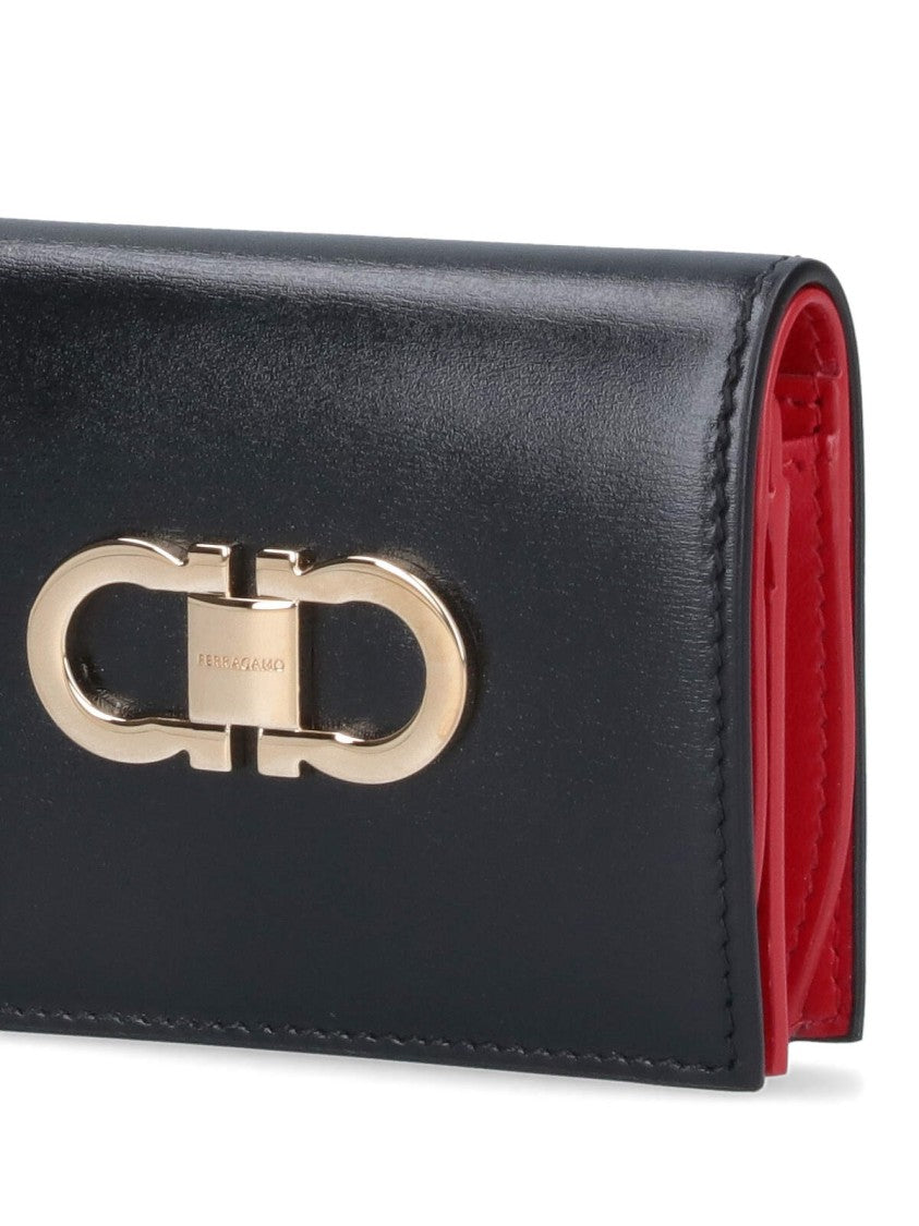 Ferragamo Compact Black Wallet With Gold-Tone Clasp