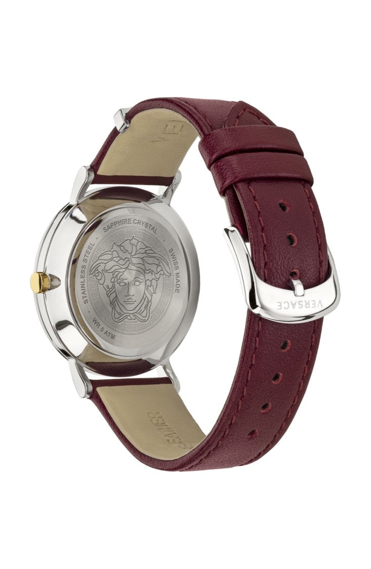 Versace Oval Stainless Steel Watch With Red Leather Strap And Sapphire Crystal