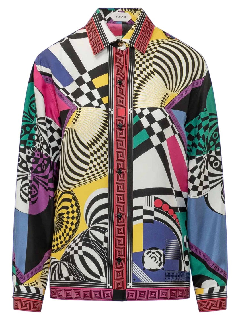 Versace Multi Silk Geometric Print Long-Sleeve Shirt
