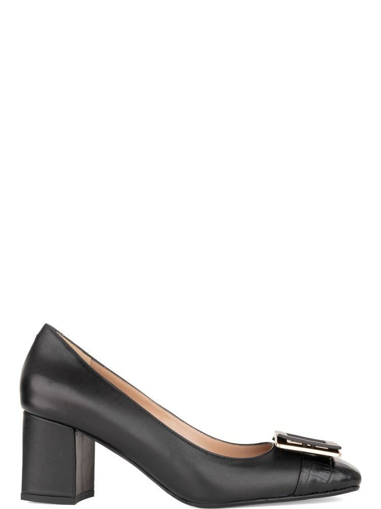 Sergio Moretti Black Croc-Embossed Leather Low-Heel Pumps