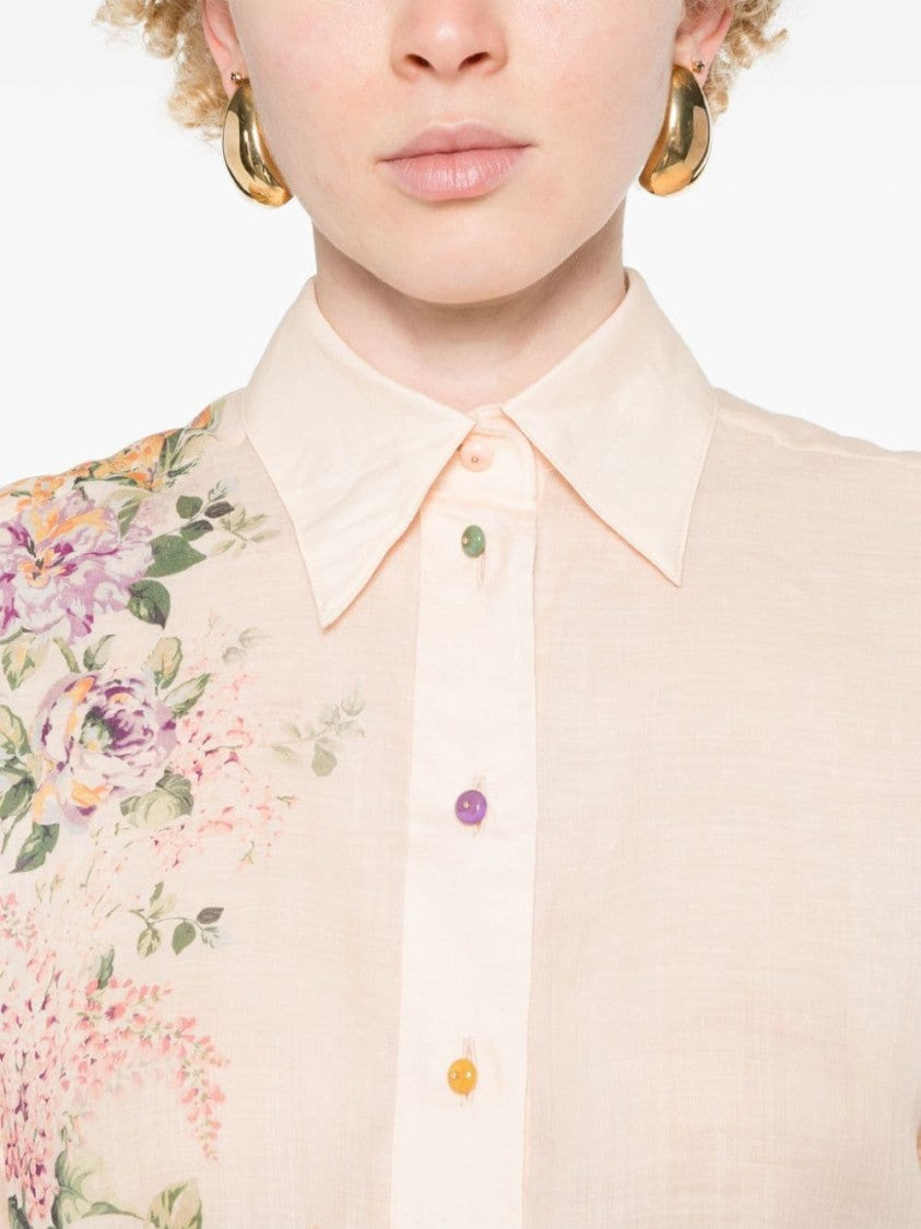 Zimmermann Beige Lightweight Floral Print Semi-Transparent Ramie Shirt