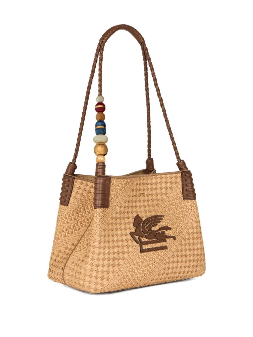 Etro Rectangular Woven Shoulder Bag With Braided Handle And Embellishments