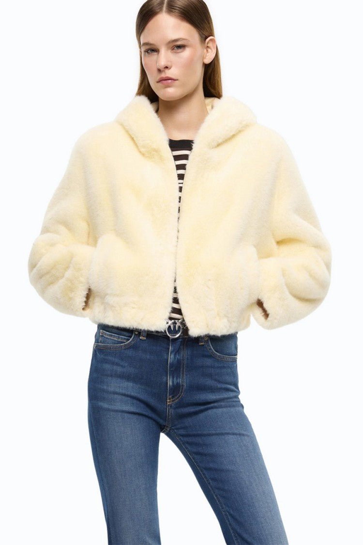 Pinko Yellow Polyester Fur-Effect Hooded Jacket