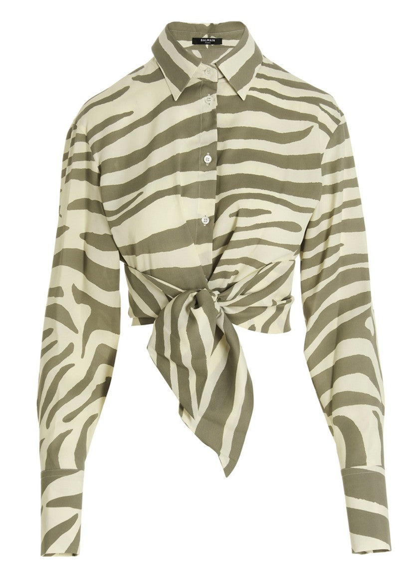 Balmain All-Over Zebra Print Viscose Blend Shirt With Draped Tie Belt