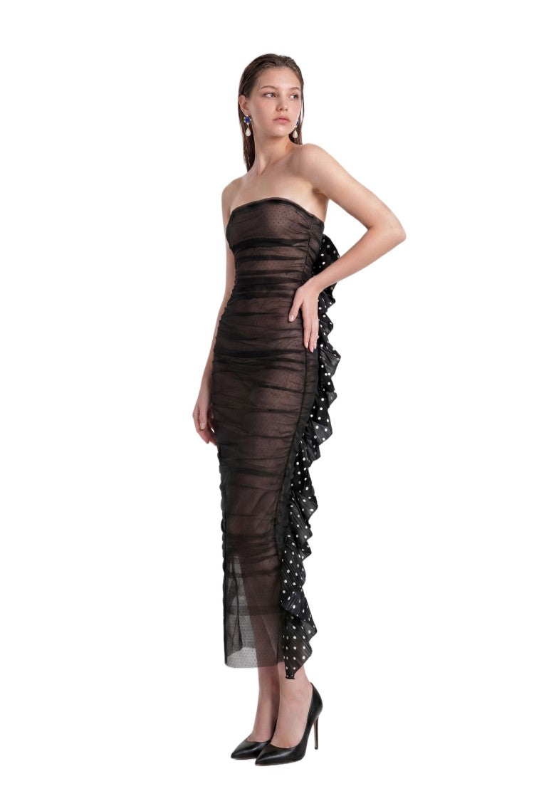 Saiid Kobeisy Fitted Sheer Dotted Midi Dress With Cascading Ruffle Detail