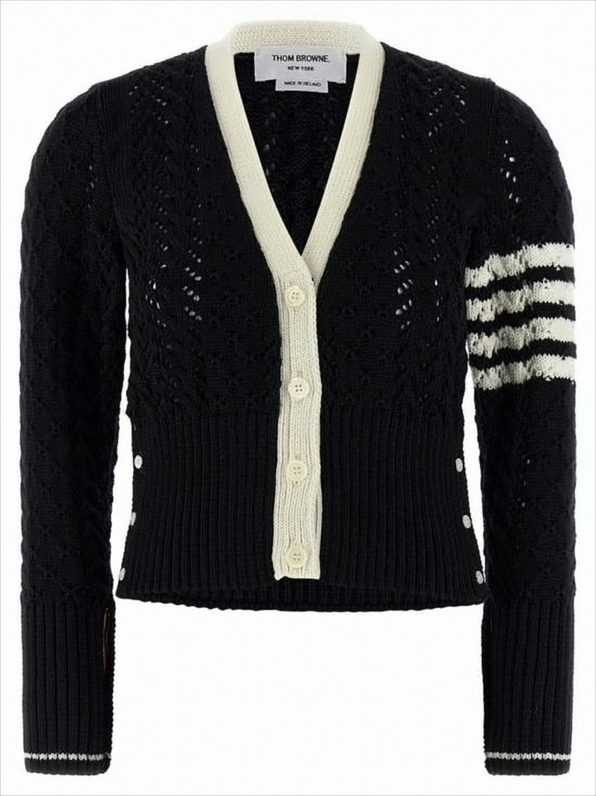 Thom Browne Textured Knit Cropped Cardigan With Contrasting Stripes