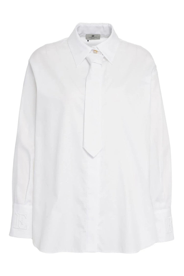 Elisabetta Franchi White Matching Self-Tie Monogram Cuffs Cotton Shirt