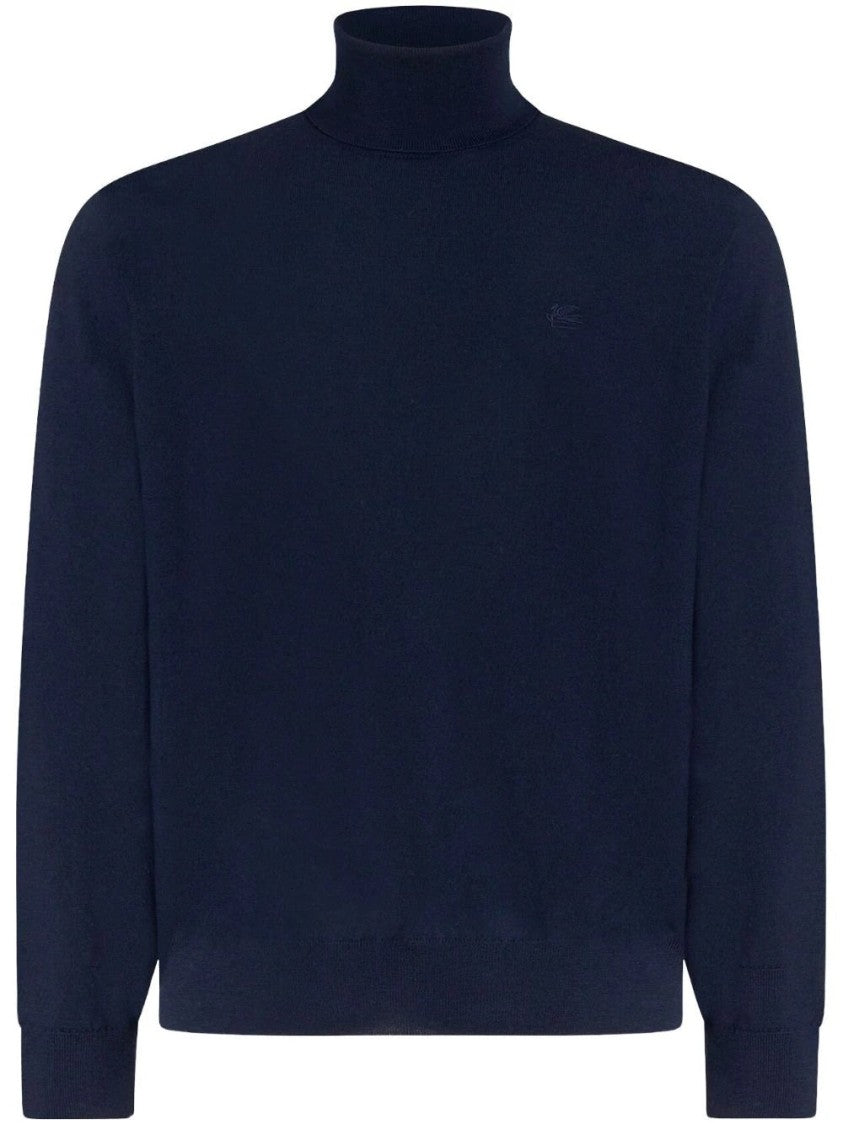 Etro Deep Blue Turtleneck Sweater With Ribbed Cuffs And Hem
