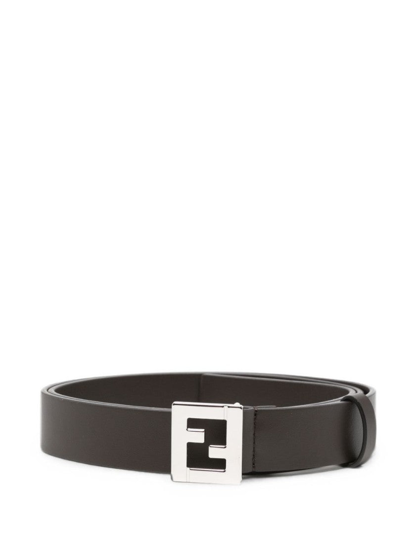 Fendi Black Minimalist Polished Metal Buckle Leather Belt