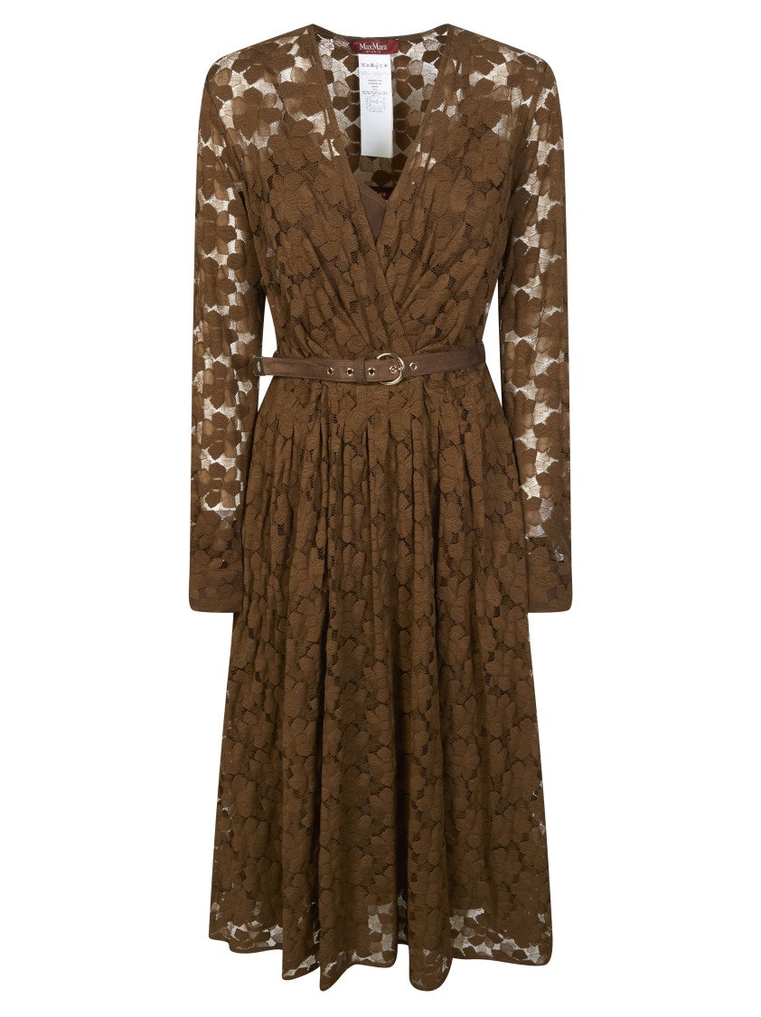Max Mara Agrum V-Neck Sheer Long-Sleeve Lace Midi Dress