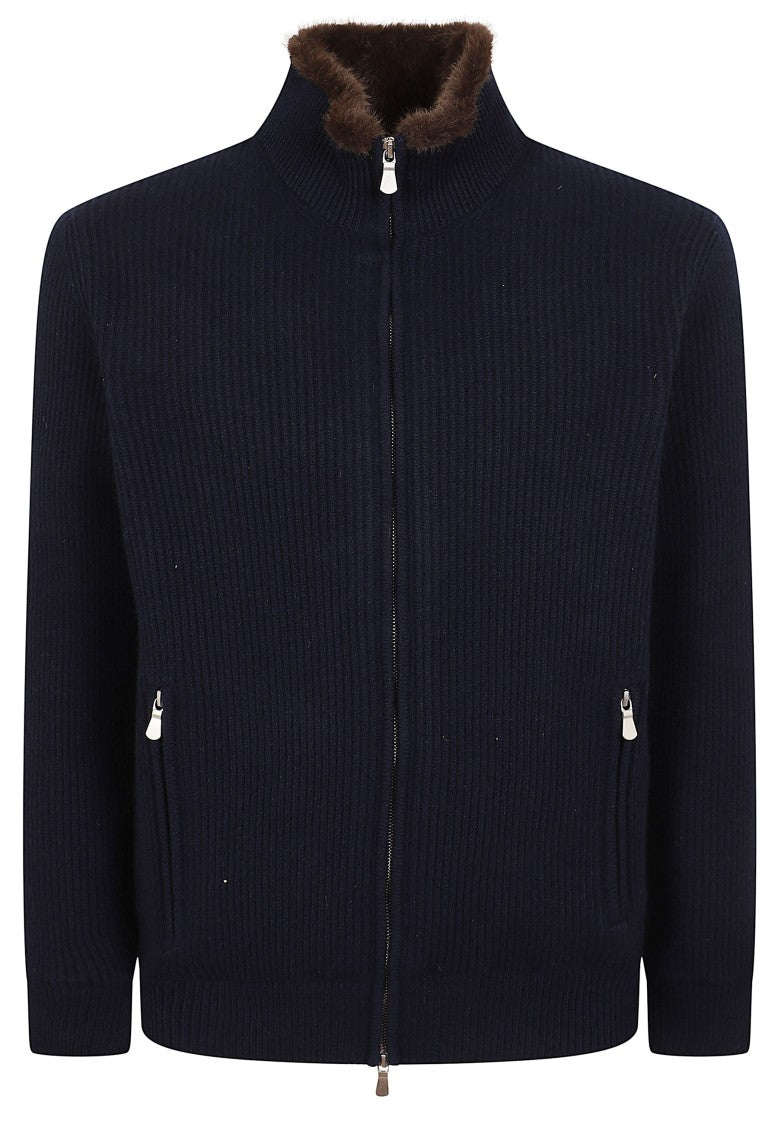 Barba Napoli Navy Blue Ribbed Faux Fur Knit Cardigan