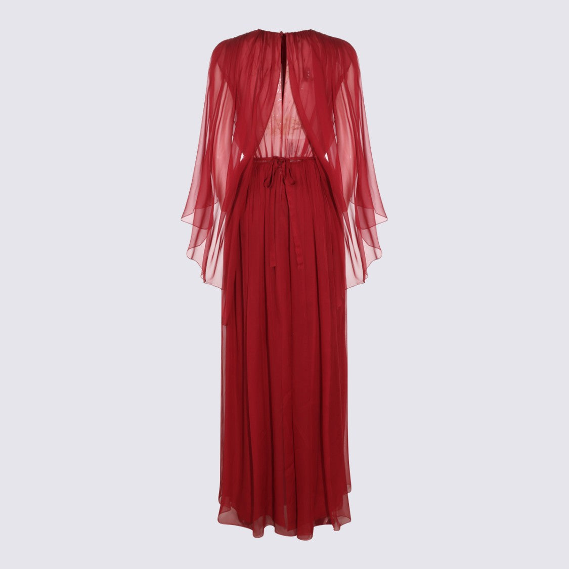 Alberta Ferretti Deep V-Neck Maxi Dress With Sheer Sleeves And Pleated Bodice