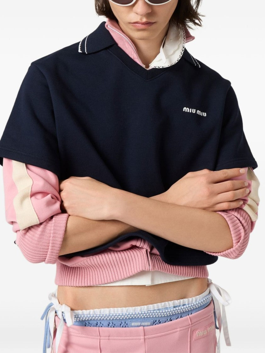 Miu Miu Black Cropped Boxy V-Neck Embroidered Sweater