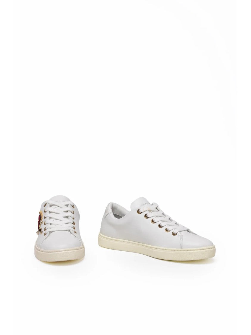 Dolce & Gabbana White Gold-Studded Heart Leather Sneakers