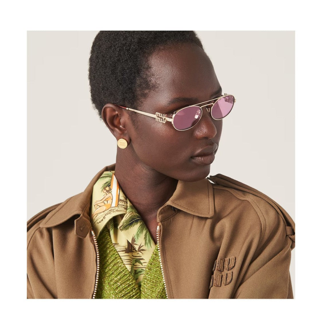 Miu Miu Gold 0Mu 54Zs Miu Miu Logo Metal Oval Sunglasses