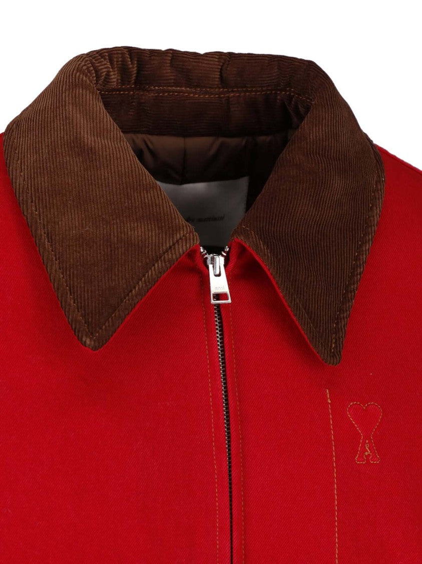 Ami Paris Red Cotton Classic Corduroy Collar Zip Jacket