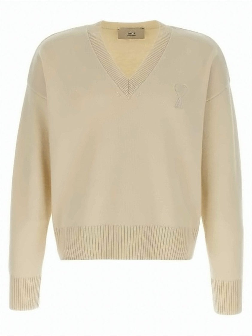 Ami Paris Cropped V-Neck Sweater With Ribbed Details