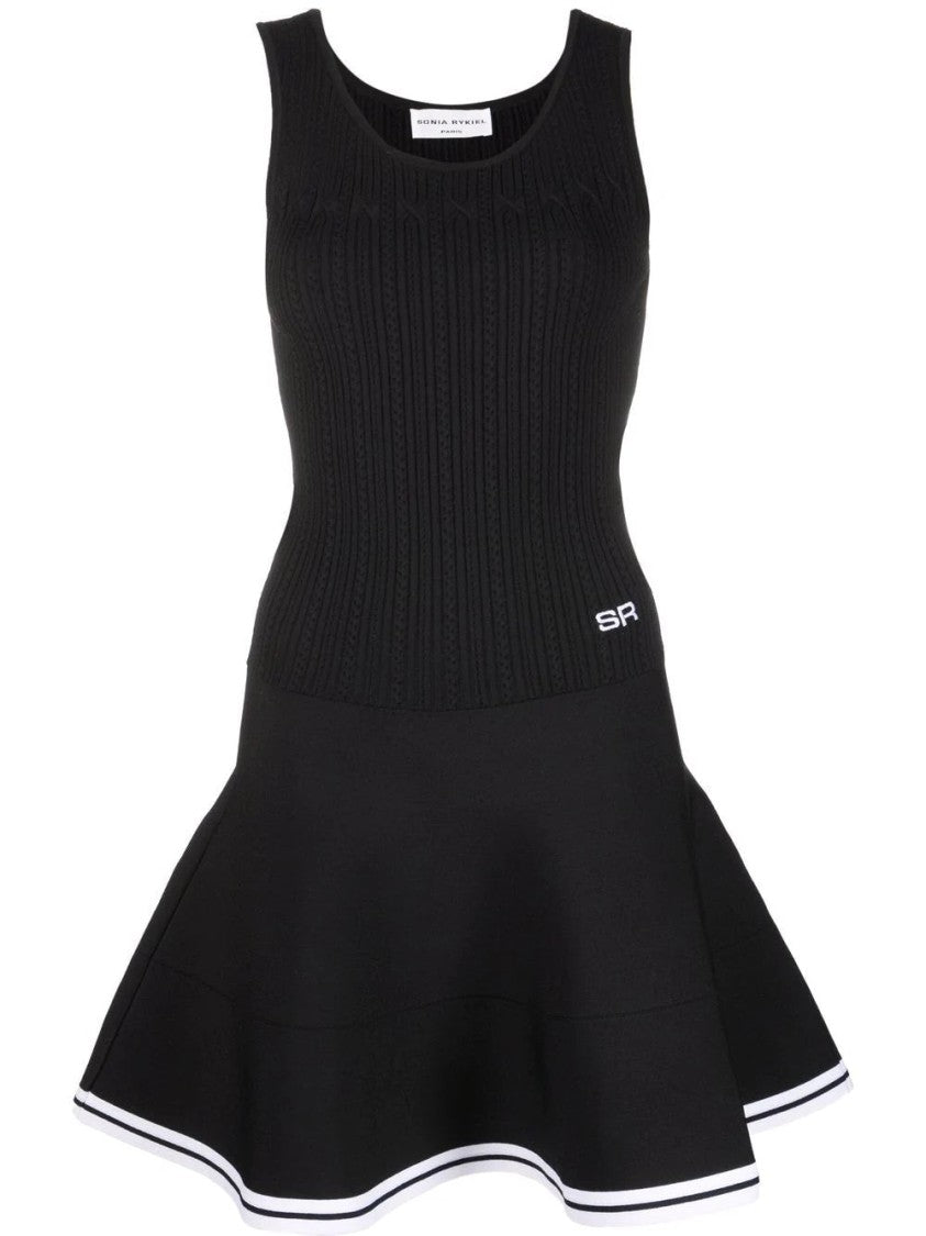 Sonia Rykiel Fitted Black Midi Dress With Textured Knit And Contrasting Trim