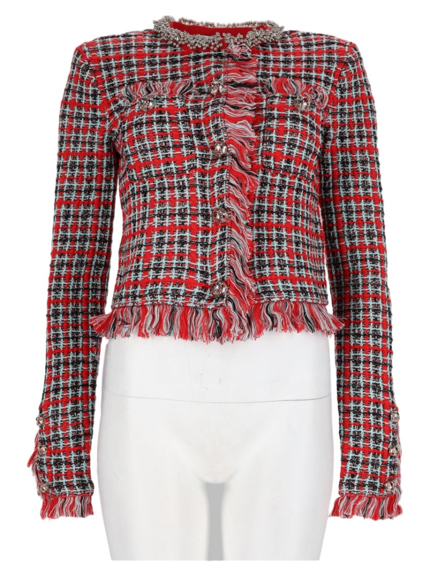Self-Portrait Red Checkered Fringed Cotton-Blend Cropped Jacket