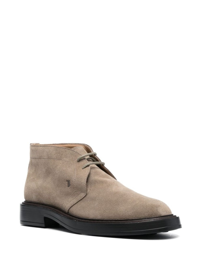 Tod's Beige Calf Suede Lace-Up Flat Shoes With Low Block Heel