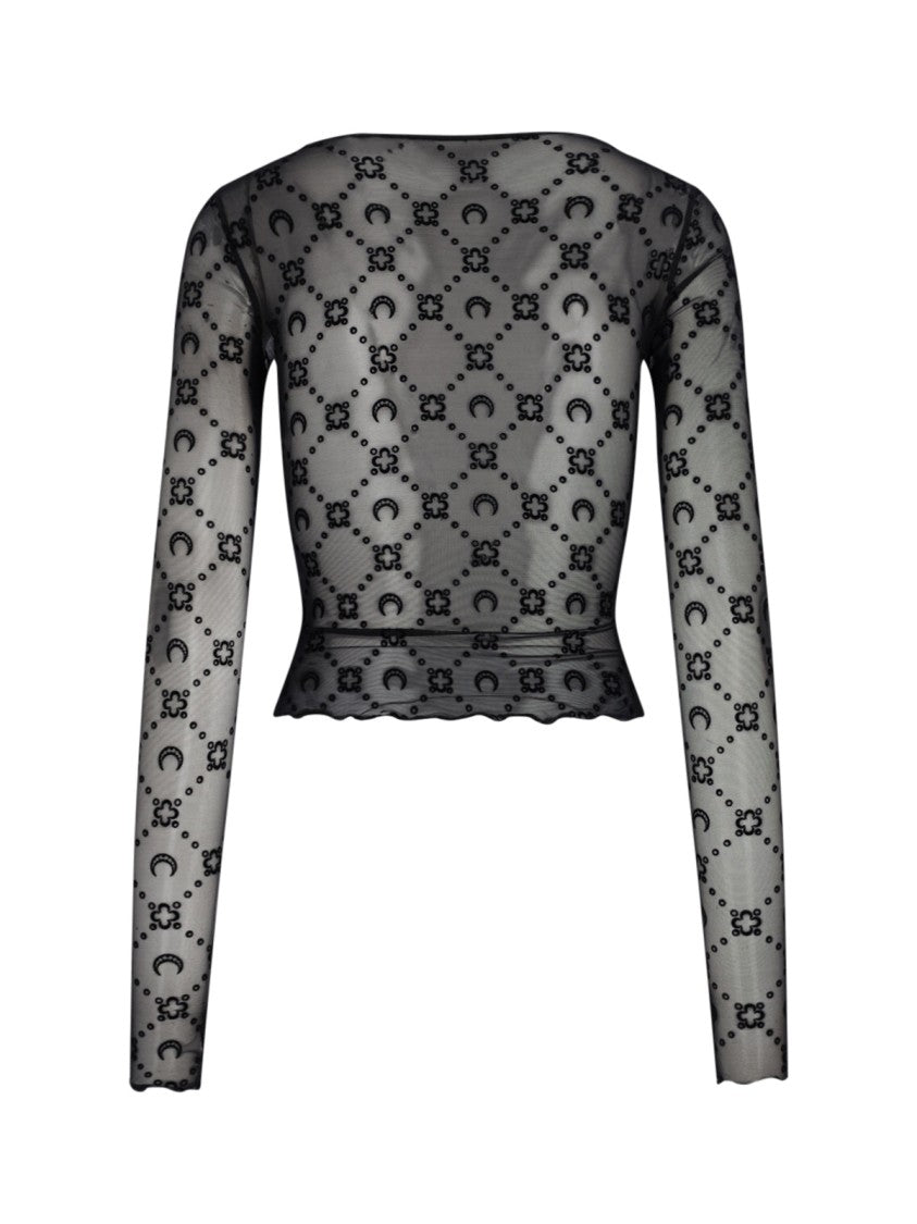 Marine Serre Black Moonogram Semi-Sheer Stretch Nylon Crop Top