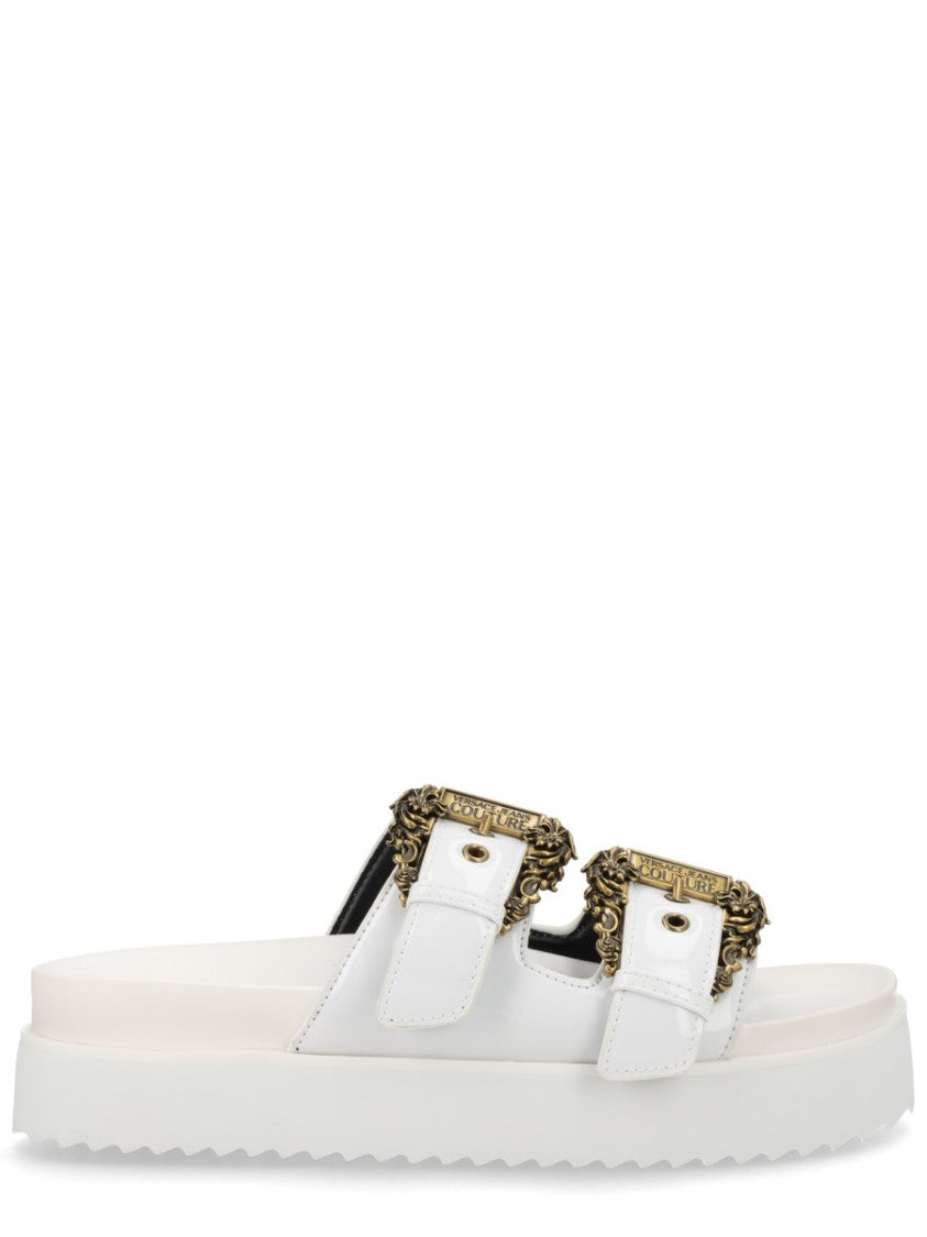 Versace Jeans Couture White Wide Straps Gold Buckles Sandals