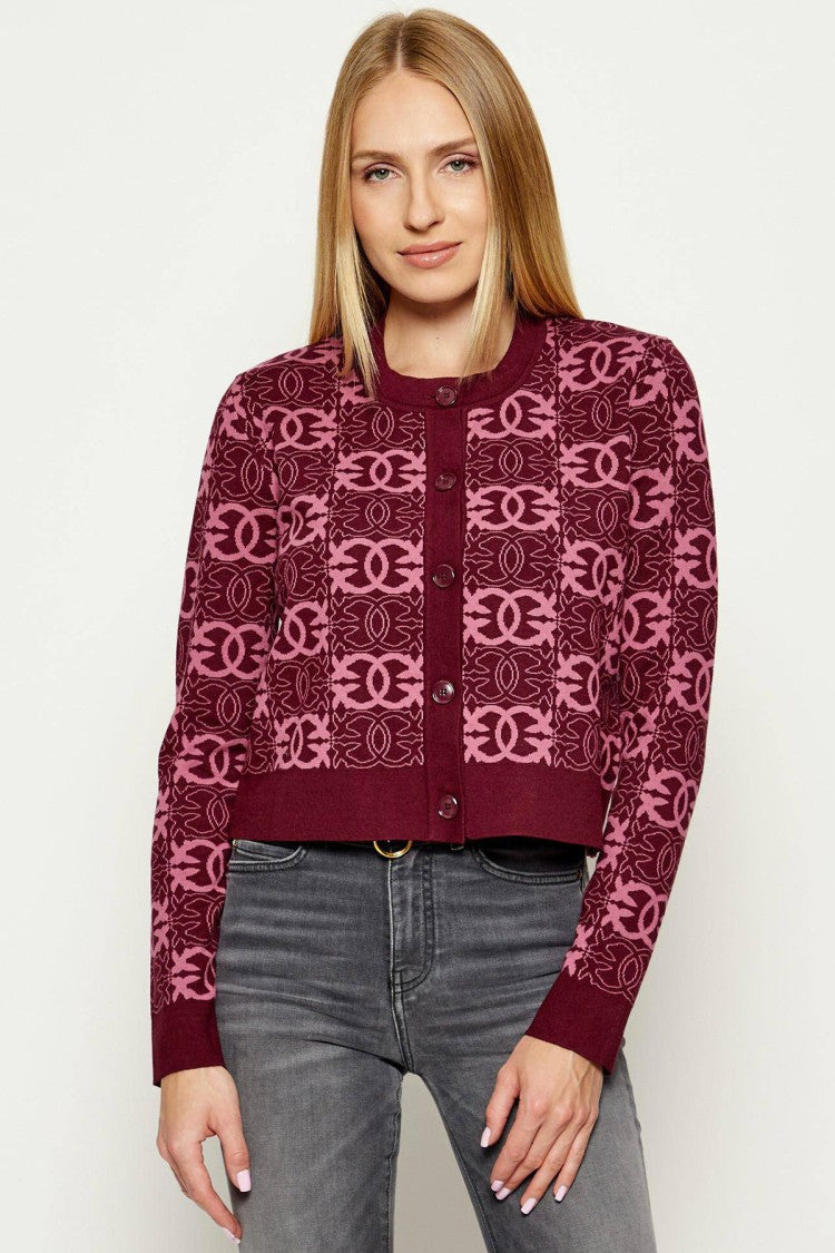 Pinko Burgundy Logo Jacquard Button-Front Polyester-Blend Cardigan