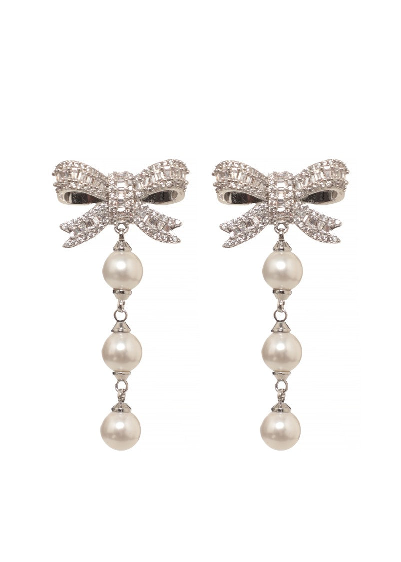 Self-Portrait Crystal Bow Droplet Earrings With Pearl Accents