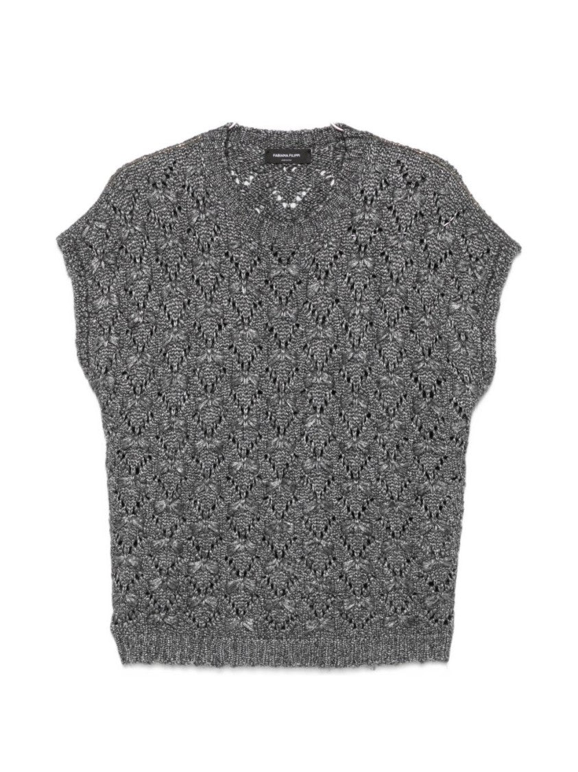 Fabiana Filippi Grey Boxy Textured Knit Short Sleeve Sweater