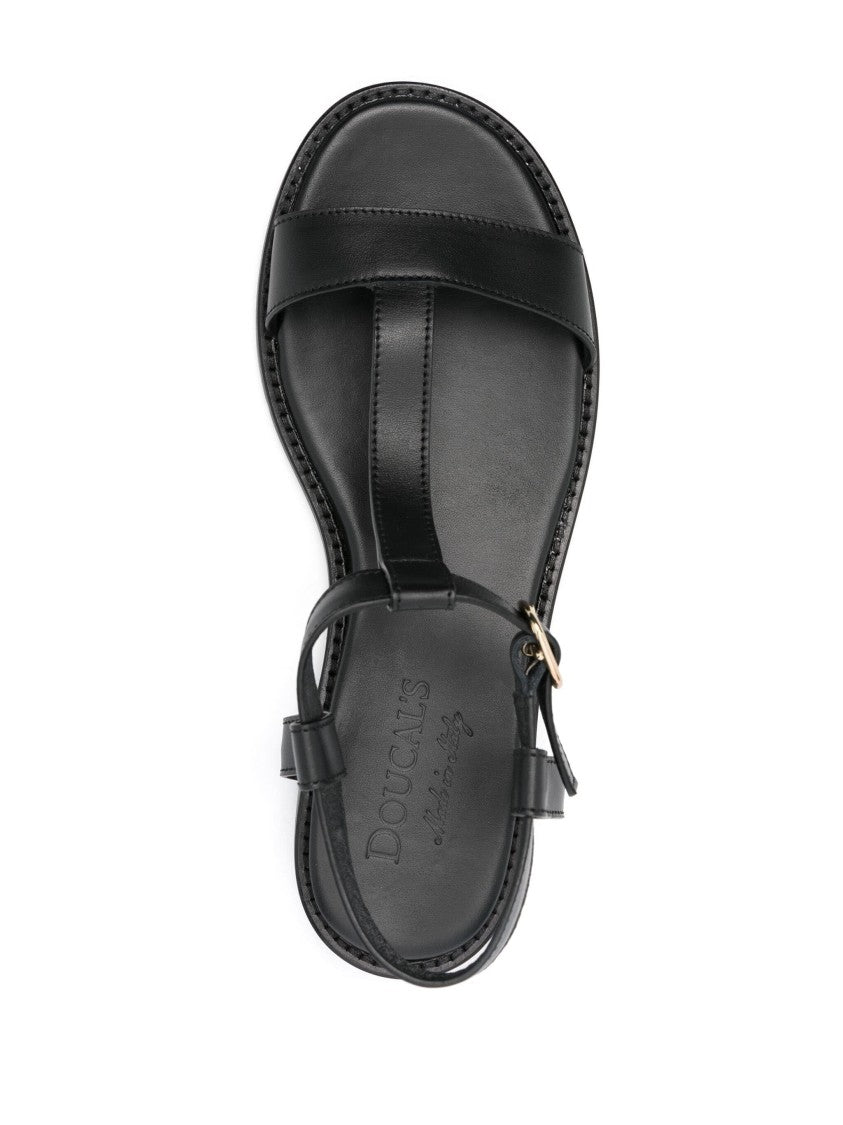 Doucal's Minimalist Black Sandals With T-Strap Buckle Closure