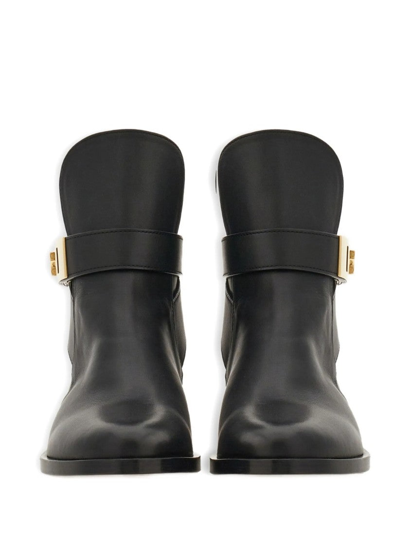 Salvatore Ferragamo Pointed Toe Leather Ankle Boots With Gold-Tone Buckle Detail