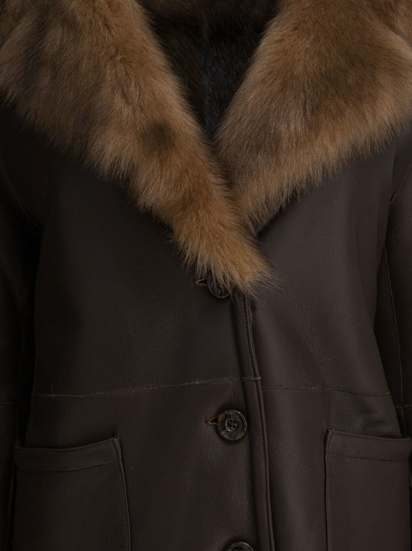 B&W Shearling-Collared Leather Jacket With Button Front