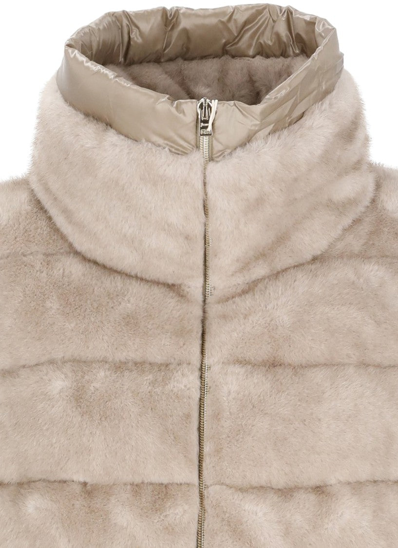 Herno Beige High Neck Faux Fur Sleeveless Down Jacket