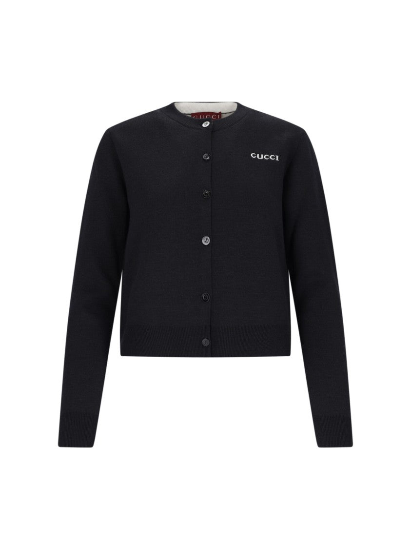 Gucci Intarsia Logo Cardigan In Wool-Silk Blend With Ribbed Finishes